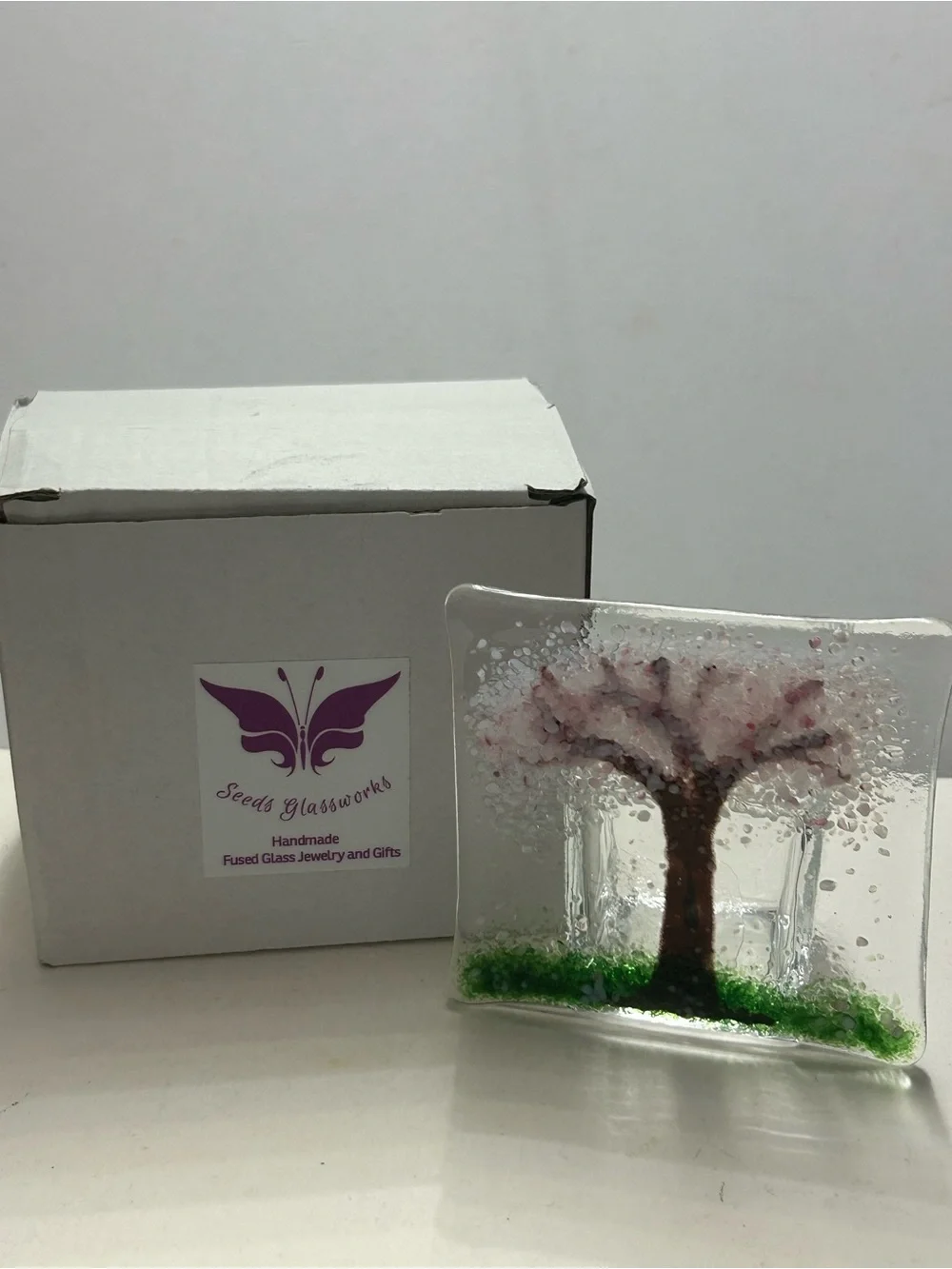 Handmade Fused Glass Candle Holder Pink Cherry Blossom Art by Seeds Glassworks